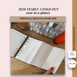 2026 Wkładki rozkładane do druku z datą, Rozmiar pierścionków osobistych, Układ przeglądu rocznego, Planer do druku, Dziennik przyszłości, Rok w skrócie, 309