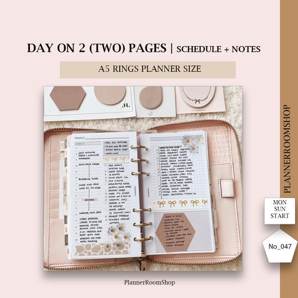 A5 Daily Inserts, Undated Day On 2 Pages, Printable Planner Inserts, Filofax Rings, Day Planner, Timed Schedule, To Do, DO2P, 047