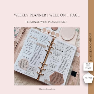 May include: Open weekly planner with a week-on-one-page layout. The planner is open to a spread with handwritten notes and checkmarks. The planner is a personal wide size, with the text "WEEKLY PLANNER | WEEK ON 1 PAGE" at the top.