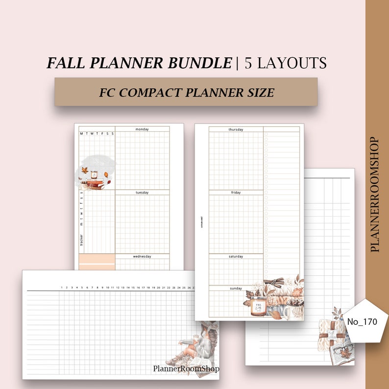 Puede incluir: Un paquete de planificador con cinco dise&ntilde;os, dise&ntilde;ado para el tama&ntilde;o de planificador compacto FC. Las p&aacute;ginas presentan dise&ntilde;os semanales y diarios con l&iacute;neas de cuadr&iacute;cula e ilustraciones decorativas con temas de oto&ntilde;o. El texto de la imagen dice "FALL PLANNER BUNDLE | 5 LAYOUTS".