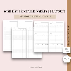 Inserciones imprimibles para planificadores de tamaño estándar TN, tamaño regular (a5 delgado), plantilla de lista de deseos, lista de compras, diseño de lista de compras, 123