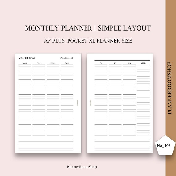 Minimalist Monthly Planner, Printable Inserts, Pocket XL Planner Size, MO2P, Monthly Calendar, Monthly Template, Digital Monthly Refill - Etsy