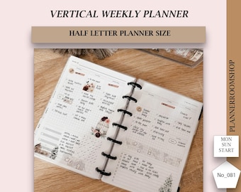 Wekelijkse planner-inzetstukken, afdrukbare halve letter, wekelijkse kleine rasterlay-out, instant download planner op halve grootte, 081