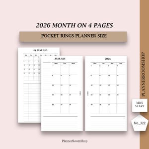 May include: A set of undated 2026 pocket rings planner inserts. The pages are white with black text, featuring monthly calendars and lined pages. The text includes "2026 MONTH ON 4 PAGES" and "POCKET RINGS PLANNER SIZE".