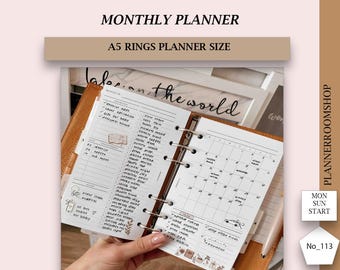Printable Monthly Planner A5 Rings | Month at a Glance Insert | Undated A5 Planner Refill | Minimalist Monthly Layout, 113