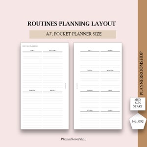 Peut inclure: Une mise en page imprimable de page de planificateur de poche A7 pour la planification des routines. La page est divisée en deux sections. Le côté gauche comporte des colonnes pour les routines annuelles, semestrielles, trimestrielles et mensuelles. Le côté droit comporte des colonnes pour les routines quotidiennes, lundi, mardi, mercredi, jeudi, vendredi, samedi et dimanche. Le texte "PlannerRoomShop" apparaît en bas de la page.