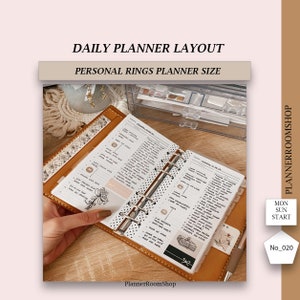 May include: A brown leather personal rings planner displaying a daily layout with handwritten notes and decorative stickers. The image includes a floral design and the text "Daily Planner Layout" and "Personal Rings Planner Size".