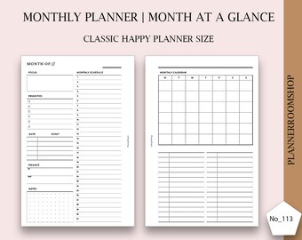 Month on two pages MO2P, Classic Happy Planner Inserts, Undated Monthly Planner, Minimalist Monthly Printable,At A Glance Monthly Layout