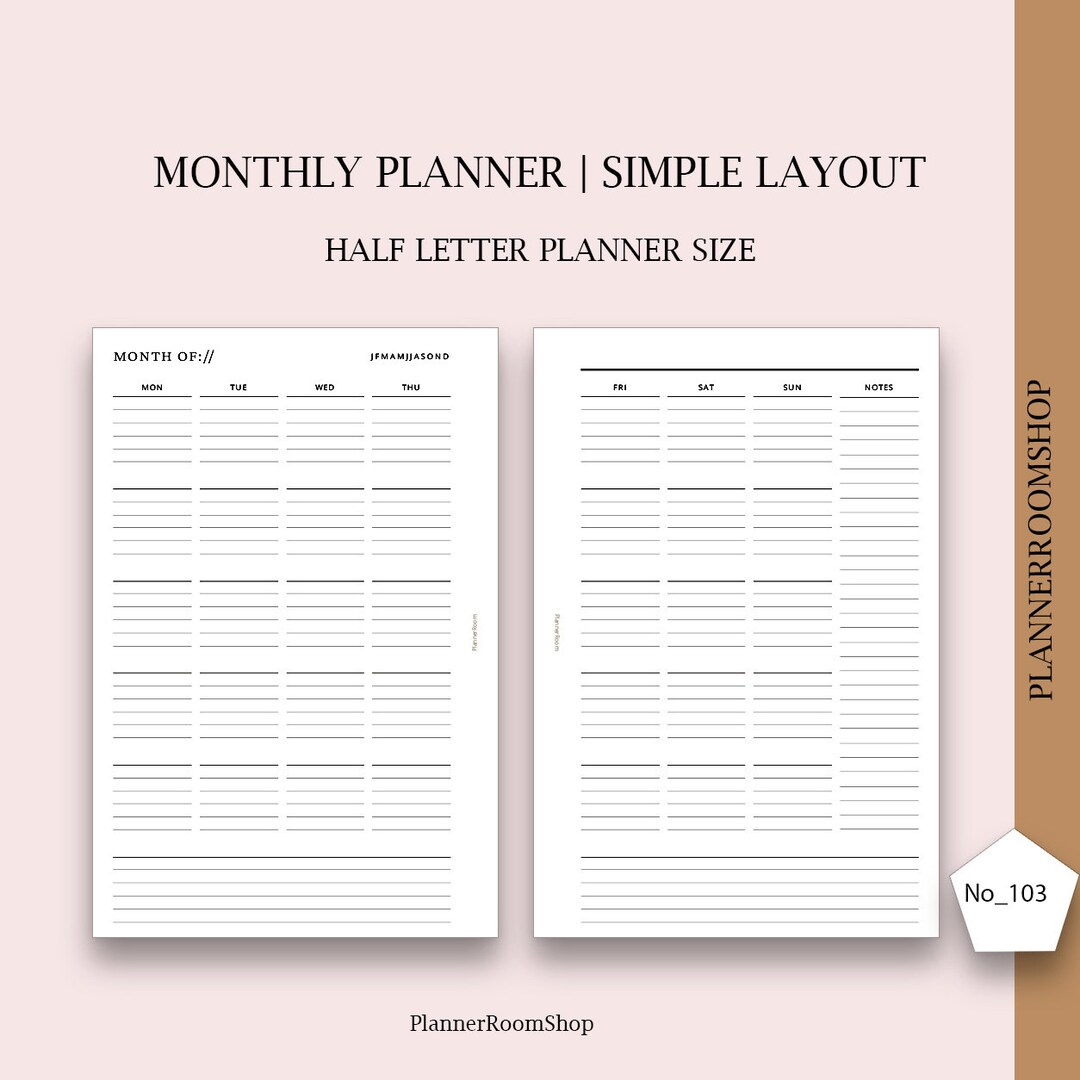 Minimalist Monthly Planner, Printable Inserts, Half Letter Planner Size ...