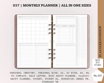 Monthly agenda planner, Month at a glance, Monthly personal planner inserts, Printable Filofax, 037