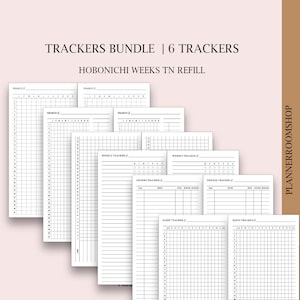 Może przedstawiać: Zestaw sześciu białych papierowych wkładów do planera Hobonichi Weeks TN z czarnymi nadrukowanymi siatkami i liniami. Komplet zawiera trackery roczne, tygodniowe, zamówień oraz snu z nagłówkami takimi jak YEARLY, WEEKLY TRACKER i ORDERS TRACKER.