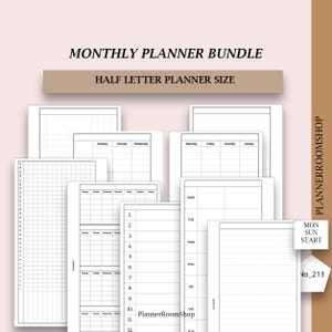 May include: A collection of white planner pages with various layouts, including daily, weekly, and monthly formats. The text "MONTHLY PLANNER BUNDLE" and "HALF LETTER PLANNER SIZE" are displayed at the top. The PlannerRoomShop logo is visible.