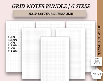 Printable notes inserts | Half Letter planner size | Notes grid layout | Notes planner bundle | 6 pdf files printable refill, 178