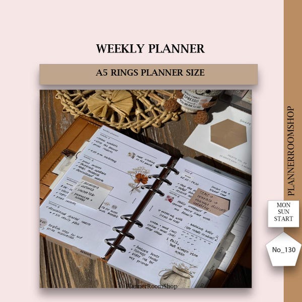 Printable Minimal Weekly Planner with Habit Tracker, Undated A5 Rings Planner Inserts, Weekly Layout, Filofax, Ring Bound, 130