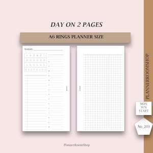 Puede incluir: Un juego de dos páginas de agenda de anillas tamaño A6 con impresión en negro. La página izquierda muestra un horario diario con franjas horarias de 7 a 10, un encabezado 'TODAY' y rastreadores de iconos. La página derecha contiene una cuadrícula.
