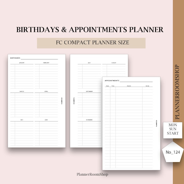 Birthdays, Appointments printable inserts, FC Compact size, Appointment book, Medical appointments, Visiting appointments, 124