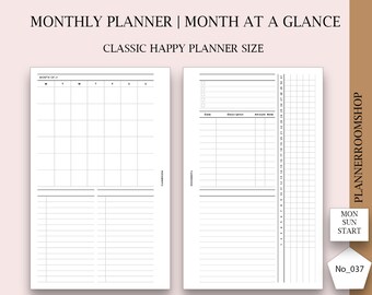 Monthly overview inserts, Happy Planner Classic, Monthly printable refill, Monthly minimalist planner, Month on 2 pages, 037
