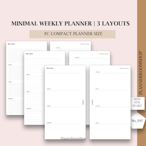 May include: A collection of white weekly planner pages with different layouts. The text "MINIMAL WEEKLY PLANNER | 3 LAYOUTS" and "FC COMPACT PLANNER SIZE" are at the top. The planner pages have a grid, lines, and the text "WEEKLY AGENDA". The shop name "PlannerRoomShop" is visible.