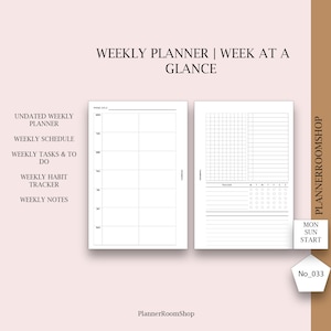 May include: A white undated weekly planner with a week-at-a-glance layout. The planner includes sections for weekly schedule, tasks, habit tracker, and notes. The text "WEEKLY PLANNER | WEEK AT A GLANCE" is at the top. The PlannerRoomShop logo is at the bottom.