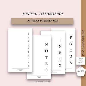 May include: A set of four white A5 ring planner dashboards with black text. The cards feature the words INTENTIONS, NOTES, INBOX, and FOCUS arranged vertically. Additional text includes MINIMAL DASHBOARDS, A5 RINGS PLANNER SIZE, PLANNERROOMSHOP, MON SUN START, and No_150.