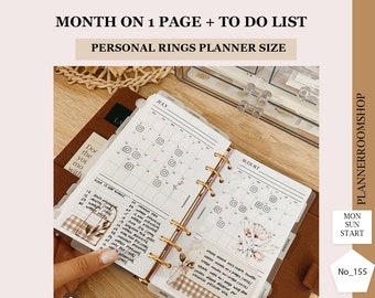 Printable monthly planner inserts, Month on 1 page for Personal planner size, Undated calendar with tasks & to do, 155