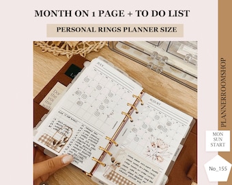Printable monthly planner inserts, Month on 1 page for Personal planner size, Undated calendar with tasks & to do, 155