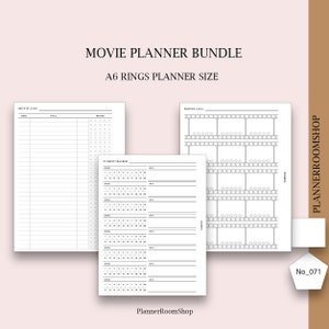 May include: A movie planner bundle for A6 rings planners featuring three white paper inserts with black text and graphics. The pages include a movie log with star ratings, a TV show tracker with numbered episodes, and a film strip design log.