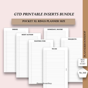 Könnte beinhalten: Ein Set aus weißen, druckbaren Planer-Einlagen für Pocket XL-Ringe mit schwarzen Textüberschriften wie Inbox, Next Action, Waiting For, Someday | Maybe, Projects und To Do. Die Seiten verfügen über horizontale Linien und einen Rand.