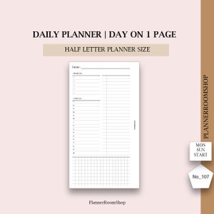 Planificador diario minimalista, tamaño media carta, horario diario, tareas diarias, tareas diarias, notas diarias, insertos diarios imprimibles, 107