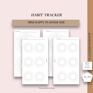 May include: A set of white habit tracker inserts for a mini happy planner. Each page features circular tracking grids with lines for labels and the text HABIT TRACKER, MINI HAPPY PLANNER SIZE, PLANNERROOMSHOP, MON SUN START, and No_085.