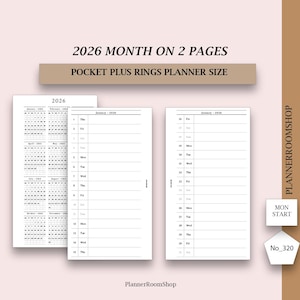 Printable 2026 Monthly Planner, Month on 2 Pages, Personal Planner Inserts, Dated Planner Refills, Pocket Plus rings size, Ring Bound, 320