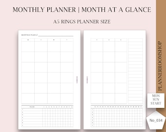 Monthly Planner Printable for A5 rings Planner Inserts, Monthly List, Undated Monthly Agenda, Minimalist Monthly Plan, 034