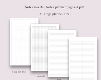 Notes printable inserts | A6 rings planner refill | Study notes pages | Notes bundle | Digital download