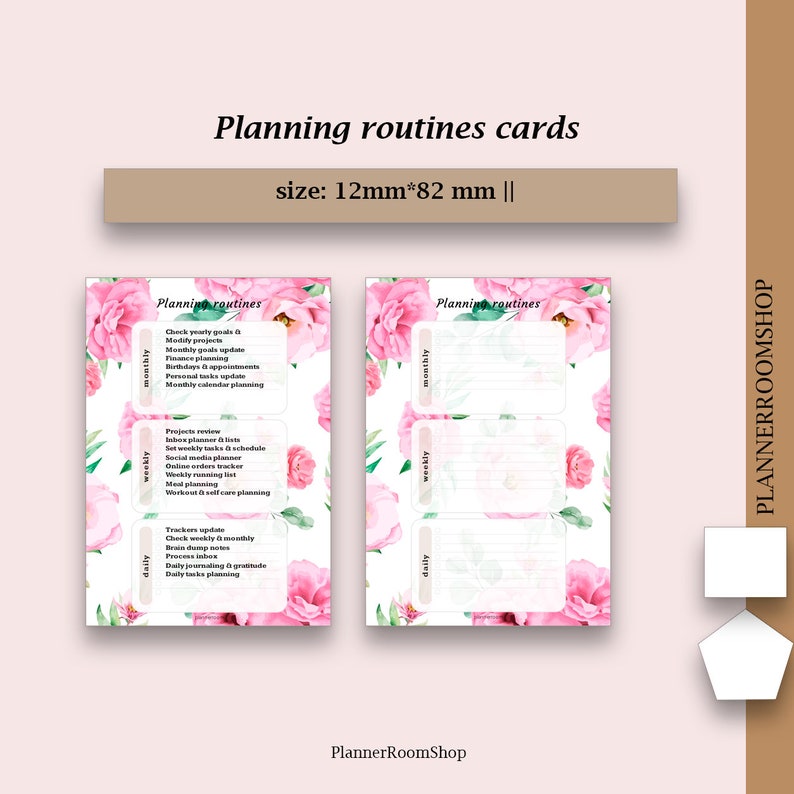 May include: Printable planning routine cards with a floral design. The cards are divided into three sections: monthly, weekly, and daily. Each section has a list of tasks to complete. The cards are 12mm by 82mm.