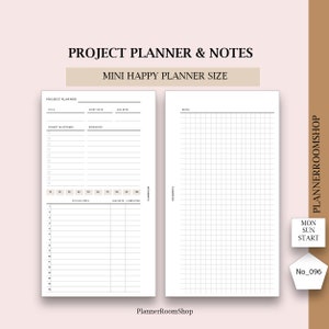 May include: A project planner and notes insert for a Mini Happy Planner. The left page features sections for project milestones, resources, and action steps. The right page is a grid for notes. The text "PROJECT PLANNER & NOTES" is at the top.
