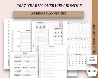 Könnte beinhalten: Ein 2027 Jahresübersicht-Paket für A5-Ringplaner. Das Set enthält weiße Papiereinlagen mit schwarzem Text, die Jahreskalender, Quartalsplaner und Zielseiten zeigen. Der Text umfasst 2027 YEARLY OVERVIEW BUNDLE, A5 RINGS PLANNER SIZE, PLANNERROOMSHOP, MON START und No_301.