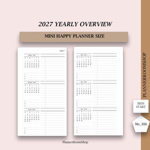 Könnte beinhalten: Ein 2027 Jahresübersicht-Planer-Einleger für einen Mini Happy Planner. Die weißen Seiten zeigen schwarzen Text, darunter die Monate Januar bis Juni, Kalenderraster mit Montag als Wochenbeginn und linierte Notizbereiche. Text: 2027 YEARLY OVERVIEW, MINI HAPPY PLANNER SIZE, PLANNERROOMSHOP, MON START, No_306.