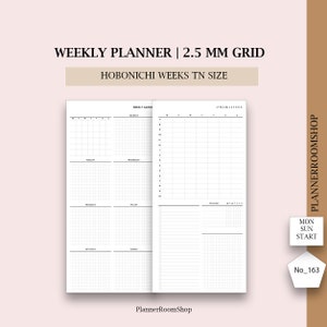 Printable weekly planner, 2.5 mm grid layout, Hobonichi weeks TN planner size, Horizontal minimal weekly layout, 163