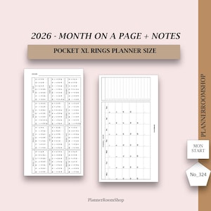 Op de afbeelding: Een witte planner-invoeging met de tekst "2026 - MONTH ON A PAGE + NOTES" en "POCKET XL RINGS PLANNER SIZE". De invoeging bevat een maandkalender en een pagina voor notities. Het PlannerRoomShop-logo is zichtbaar.