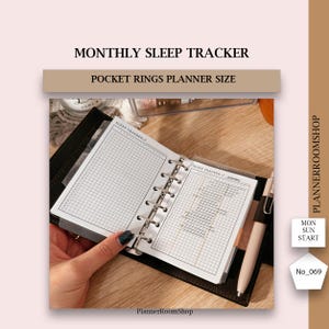 May include: A black and white printable monthly sleep tracker for a pocket-sized planner. The tracker is designed to be used with a ring binder and has a grid layout for recording sleep hours. The text "SLEEP TRACKER" is printed at the top of the page.