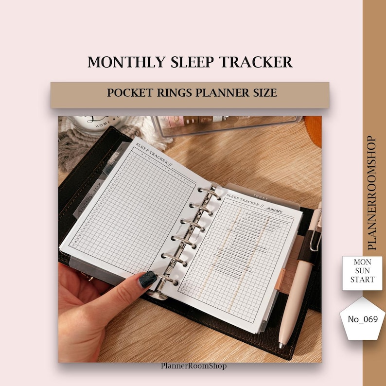 May include: A black and white printable monthly sleep tracker for a pocket-sized planner. The tracker is designed to be used with a ring binder and has a grid layout for recording sleep hours. The text "SLEEP TRACKER" is printed at the top of the page.