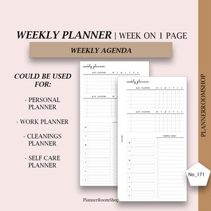 May include: A printable weekly planner template with a black and white design. The template is divided into two sections: a daily planner and a weekly task list. The text "WEEKLY PLANNER | WEEK ON 1 PAGE" is at the top of the page. The text "COULD BE USED FOR:" is followed by a list of possible uses for the planner, including "PERSONAL PLANNER", "WORK PLANNER", "CLEANINGS PLANNER", and "SELF CARE PLANNER".