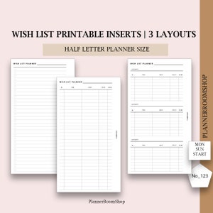 Wunschbucheinlagen, halbe Größe, druckbare Planerliste, Wunschliste nachfüllen, druckbarer PDF-Planer, Digitaler Planer, 123