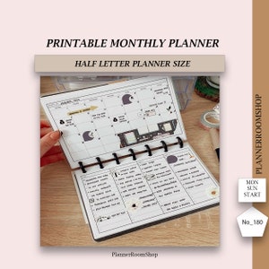 Planificador mensual imprimible para adultos con TDAH, insertos de calendario mensual para planificador tamaño media carta, 180