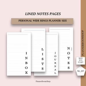 May include: Four white lined paper inserts for a personal wide rings planner. Each page features a vertical heading: INBOX, LISTS, JOURNAL, and NOTES. Text at the top reads LINED NOTES PAGES and PERSONAL WIDE RINGS PLANNER SIZE.
