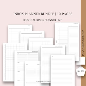 Könnte beinhalten: Ein druckbares Planer-Paket für persönliche Ringplaner. Das Paket enthält 10 Seiten mit verschiedenen Layouts zum Organisieren von Aufgaben, Verfolgen von Bestellungen und Planen von Routinen. Die Seiten sind im minimalistischen Stil mit schwarzen Linien auf weißem Papier gestaltet. Der Text "Inbox Planner Bundle | 10 Pages" und "Personal Rings Planner Size" ist oben im Bild sichtbar.