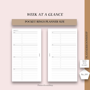 May include: A white planner insert with a weekly layout, featuring the text "WEEK AT A GLANCE" and "POCKET RINGS PLANNER SIZE." The design includes sections for each day of the week, with space for notes and checkboxes. The PlannerRoomShop logo is visible.