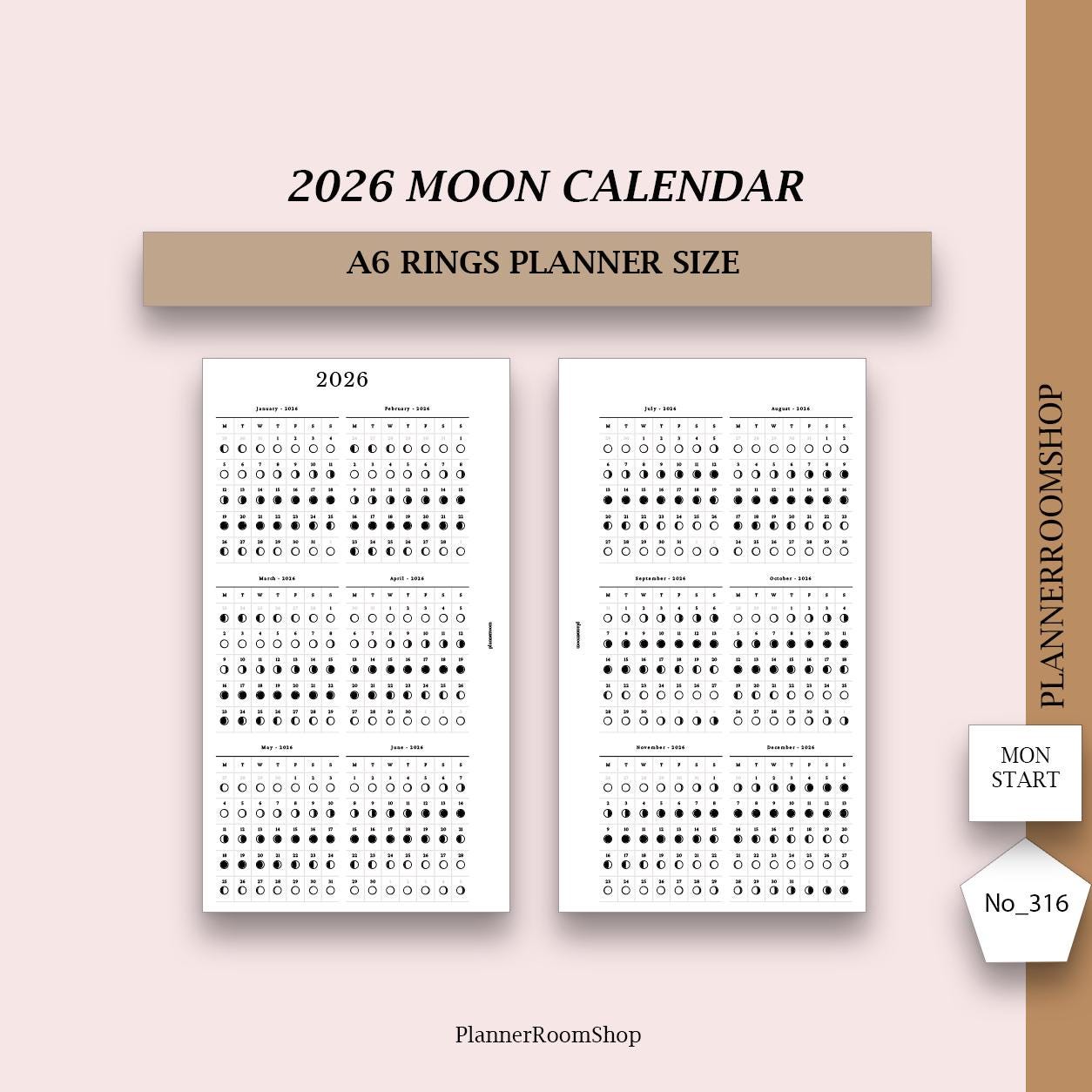 2026 Dated Moon Calendar, Printable Inserts, Moon Phase Calendar