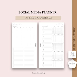 May include: A white A5-sized social media planner with a monthly calendar and weekly schedule layout. The planner includes the text "SOCIAL MEDIA PLANNER" and "A5 RINGS PLANNER SIZE". The design also features the text "PlannerRoomShop".