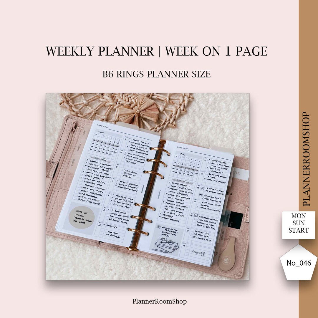 B6 Rings Planner Inserts, Weekly Inserts, Weekly Agenda Planner, Week ...